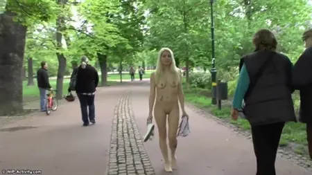 Chica checa con pequeñas tetas caminata desnuda en el parque