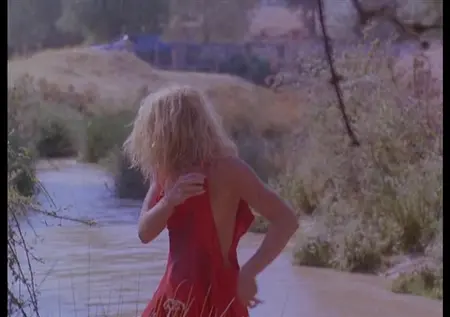 Rubia desnuda borra el vestido en el río